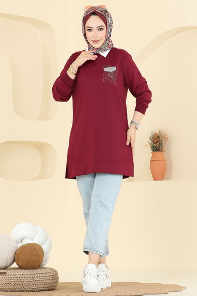 O.Z.N. - Aksesuar Cep İşlemeli Tunik 104OZN1046-MS Bordo - 402639