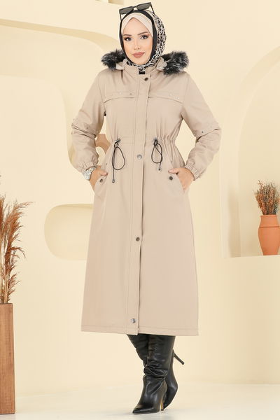 M.S.A. - Aksesuar Detaylı Kürklü Kaban 2818MSA980-MS Bej - 393746