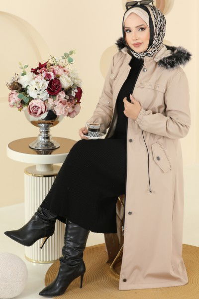 M.S.A. - Aksesuar Detaylı Kürklü Kaban 2818MSA980-MS Bej