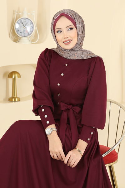U.K.B. - Aksesuar Düğme Detaylı Elbise 24007UKB139-MS Bordo - 418041