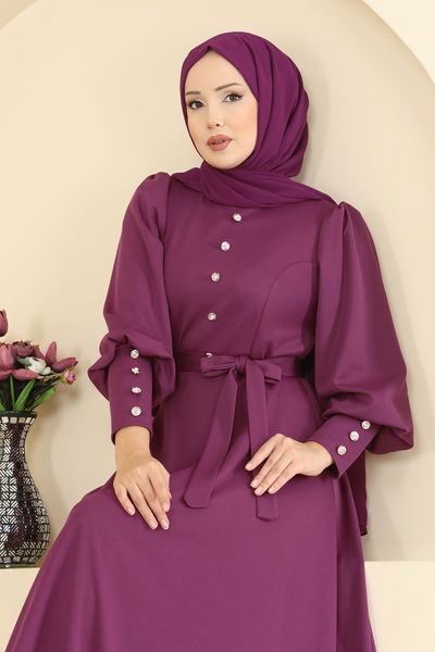 U.K.B. - Aksesuar Düğme Detaylı Elbise 24007UKB139-MS Mürdüm - 418057