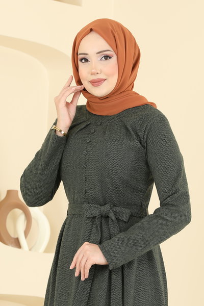 U.K.B. - Aksesuar Düğmeli Balıksırtı Elbise 24016UKB139-MS Haki - 423794