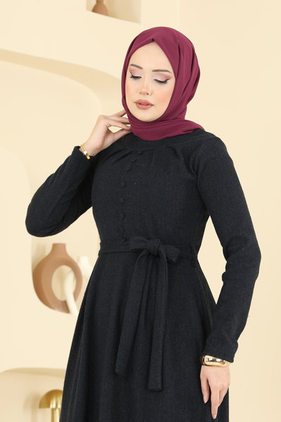 U.K.B. - Aksesuar Düğmeli Balıksırtı Elbise 24016UKB139-MS Siyah - 423810