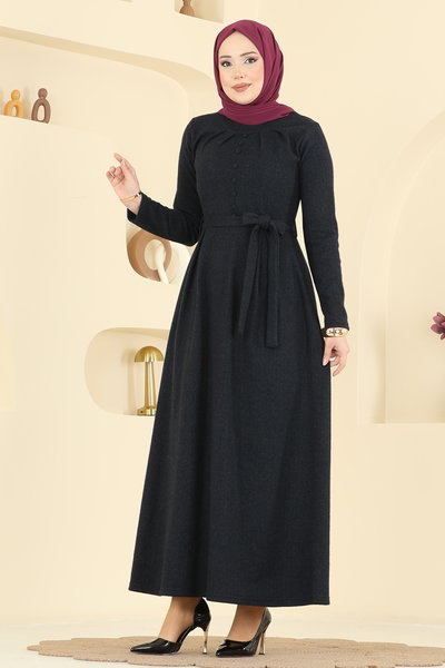 U.K.B. - Aksesuar Düğmeli Balıksırtı Elbise 24016UKB139-MS Siyah - 423811