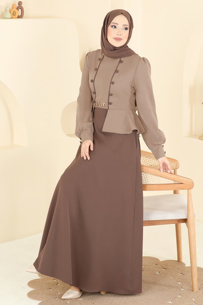 S.L. - Aksesuar Düğmeli Dabıl Elbise 2810SL432-MS Koyu Vizyon&Kahve - 424569