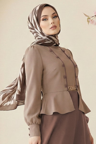 S.L. - Aksesuar Düğmeli Dabıl Elbise 2810SL432-MS Koyu Vizyon&Kahve - 424574