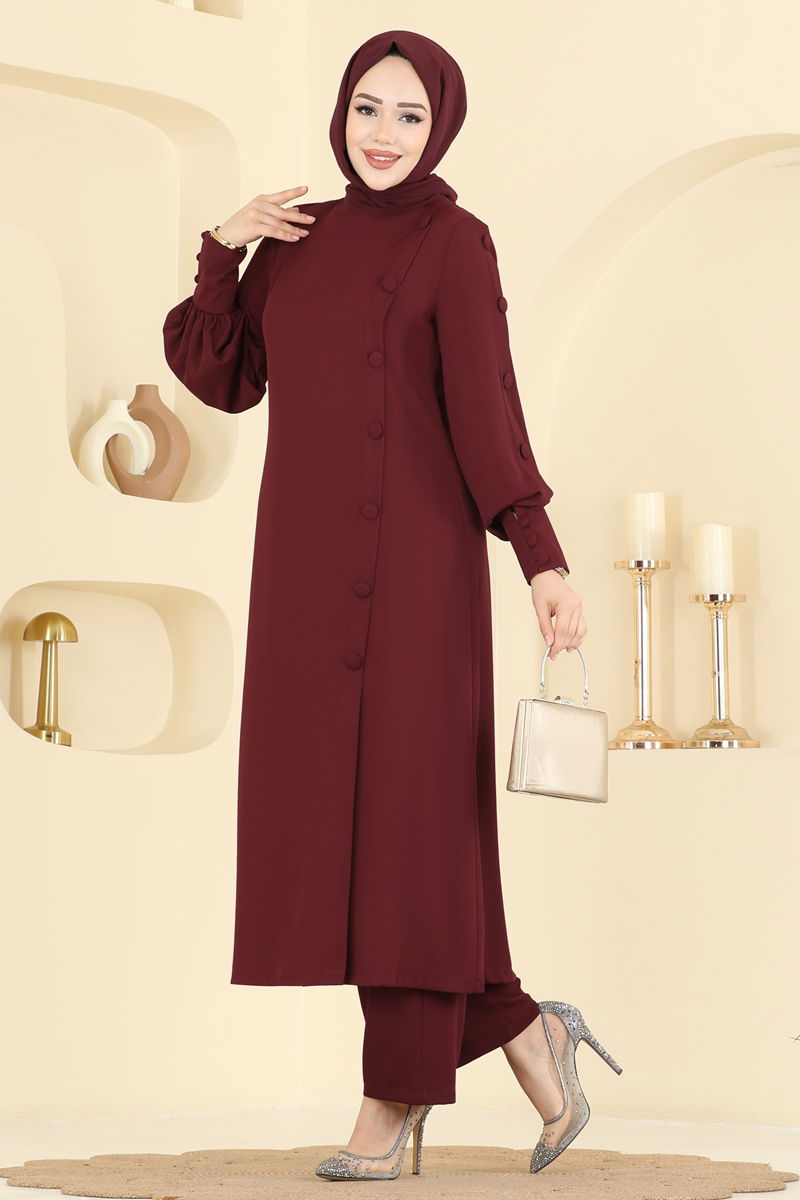 Aksesuar Düğmeli İthal Krep Takım 8217AB368-MS Bordo