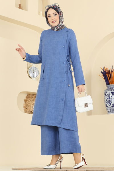 M.P. - Aksesuar Düğmeli Keten Takım 367MP806-MS Mavi - 425544