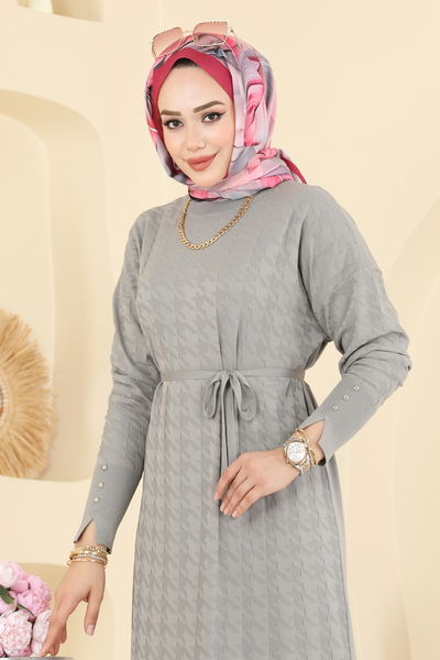 T.P.K. - Aksesuar Düğmeli Merserize Elbise 241420TPK1167-MS Gri - 409095