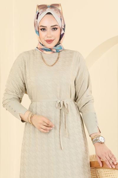 T.P.K. - Aksesuar Düğmeli Merserize Elbise 241420TPK1167-MS Taş - 409191