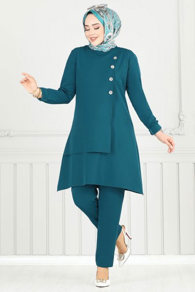 U.K.B. - Aksesuar Düğmeli Tesettür Takım 23012UKB139-MS Petrol