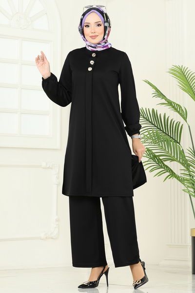 D.V.L. - Aksesuar Düğmeli Tesettür Takım 456DVL817-MS Siyah - 386146
