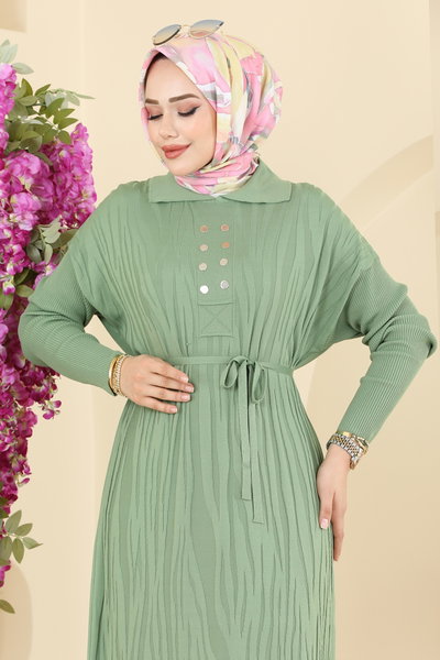 T.P.K. - Aksesuar Düğmeli Triko Elbise 211440TPK1167-MS Çağla - 420353