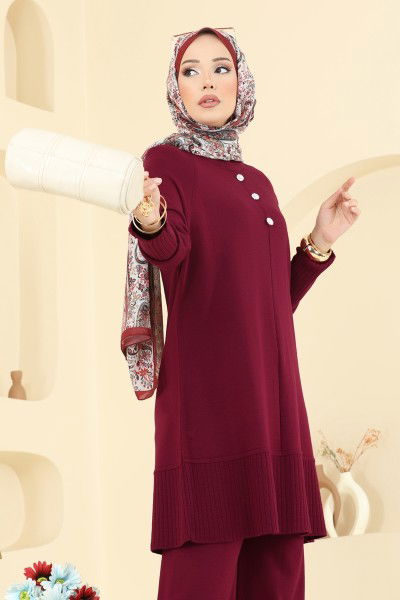 A.Y.D. - Aksesuar Düğmeli Triko Takım 2723AYD574-MS Bordo