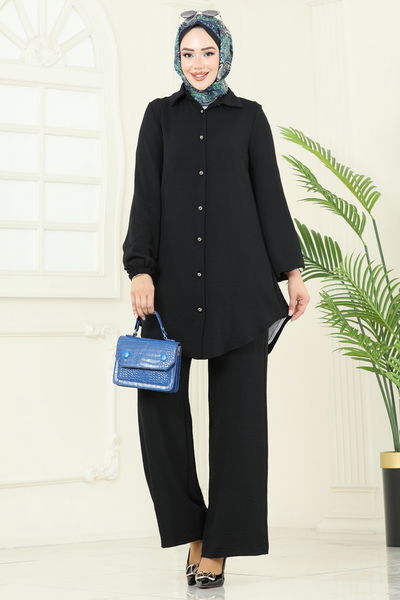 S.L. - Arkadan Fermuarlı Tesettür Takım 2717SL432-MS Siyah - 386570