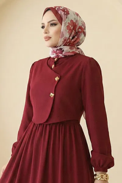 S.L. - Asimetrik Düğmeli Dabıl Elbise 2805SL432-MS Bordo - 424610