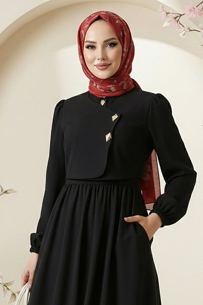 S.L. - Asimetrik Düğmeli Dabıl Elbise 2805SL432-MS Siyah - 424691