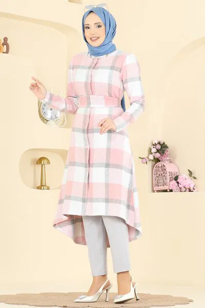 U.K.B.K. - Asimetrik Kesim Ekose Kap 24089UKBK1160-MS Pudra