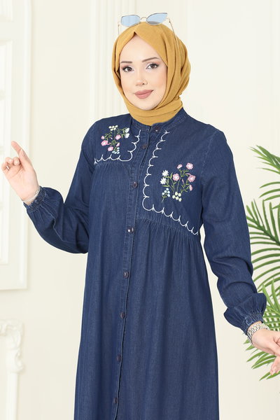 Z.N.E. - Asimetrik Nakışlı Kot Elbise 106ZNE1011-MS Koyu Kot - 419530