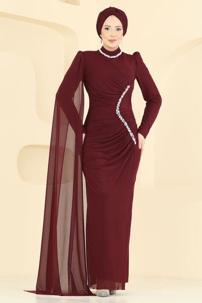 E.D.F. - Asimetrik Taş İşlemeli Abiye 5741EDF311-MS Bordo - 428883