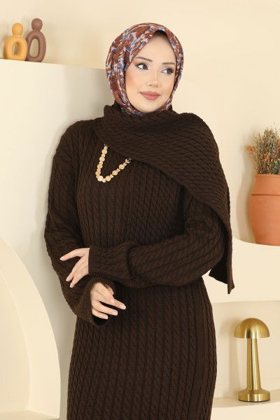 A.Y.D. - Atkı Detaylı Triko Elbise 2776AYD574-MS Kahve