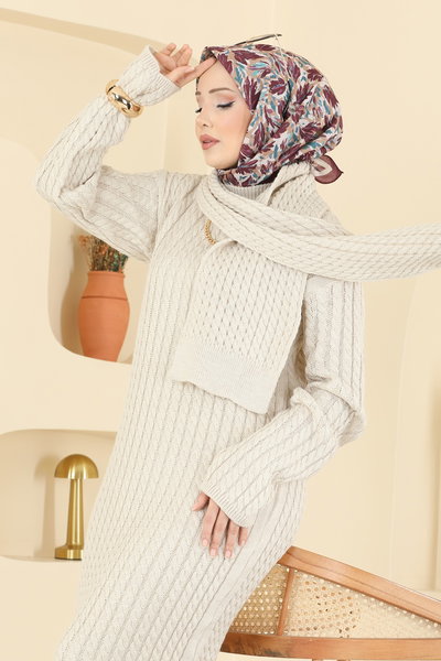 A.Y.D. - Atkı Detaylı Triko Elbise 2776AYD574-MS Taş - 420975