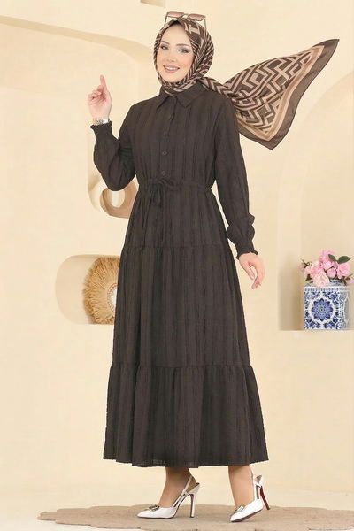MRV A.R.T. - Bağcıklı Gömlek Yaka Elbise 879ART1044-M Kahve - 430444