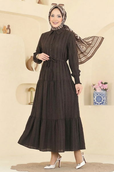 MRV A.R.T. - Bağcıklı Gömlek Yaka Elbise 879ART1044-M Kahve - 430446