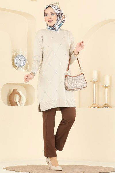 U.Z. - Baklava Desenli Triko Tunik 3225UZ662-MS Taş