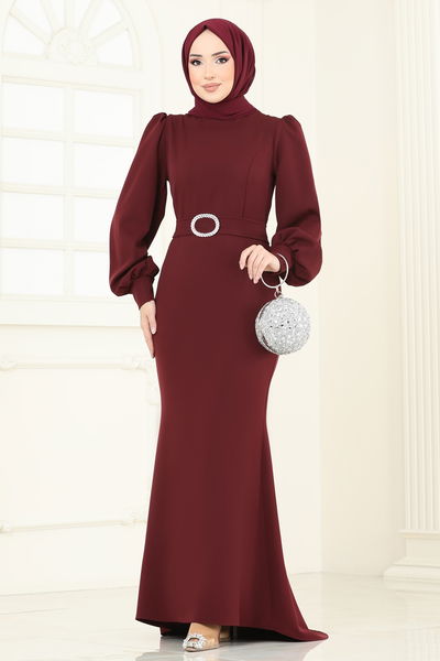 A.L.G. - Balon Kollu Balık Abiye Elbise 0402ALG474-MS Bordo - 370828