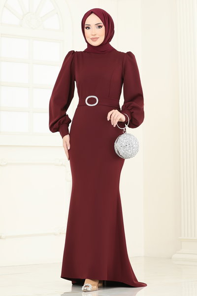 A.L.G. - Balon Kollu Balık Abiye Elbise 0402ALG474-MS Bordo - 428134