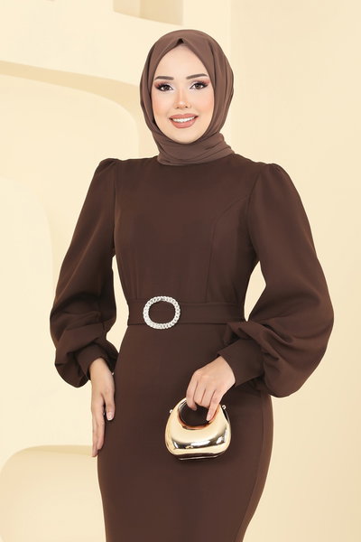 A.L.G. - Balon Kollu Balık Abiye Elbise 0402ALG474-MS Kahve - 428206