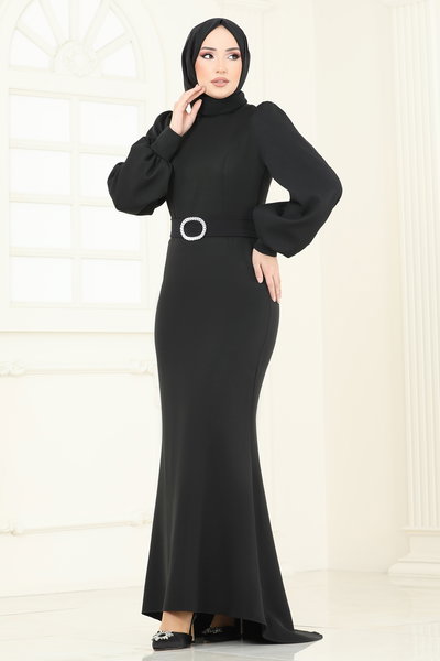 A.L.G. - Balon Kollu Balık Abiye Elbise 0402ALG474-MS Siyah - 428163