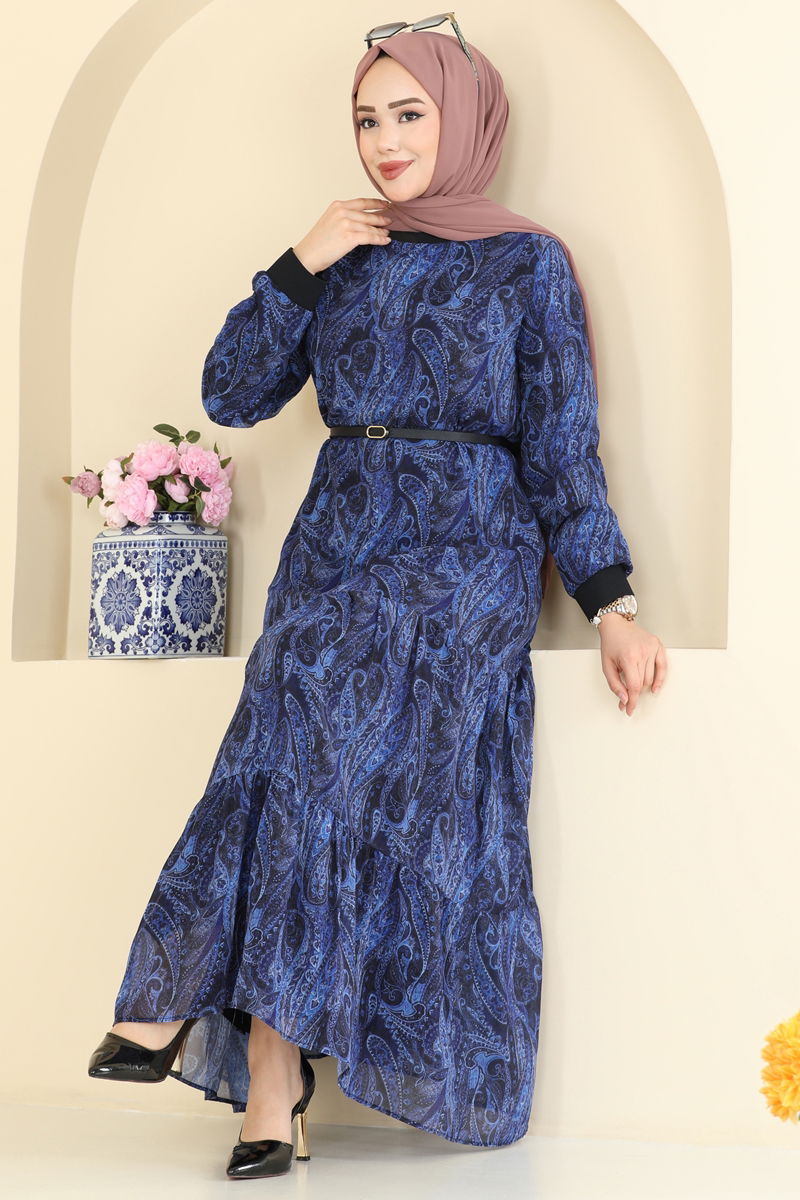 Baskı Detaylı Şifon Elbise 6803ORG1169-MS Saks