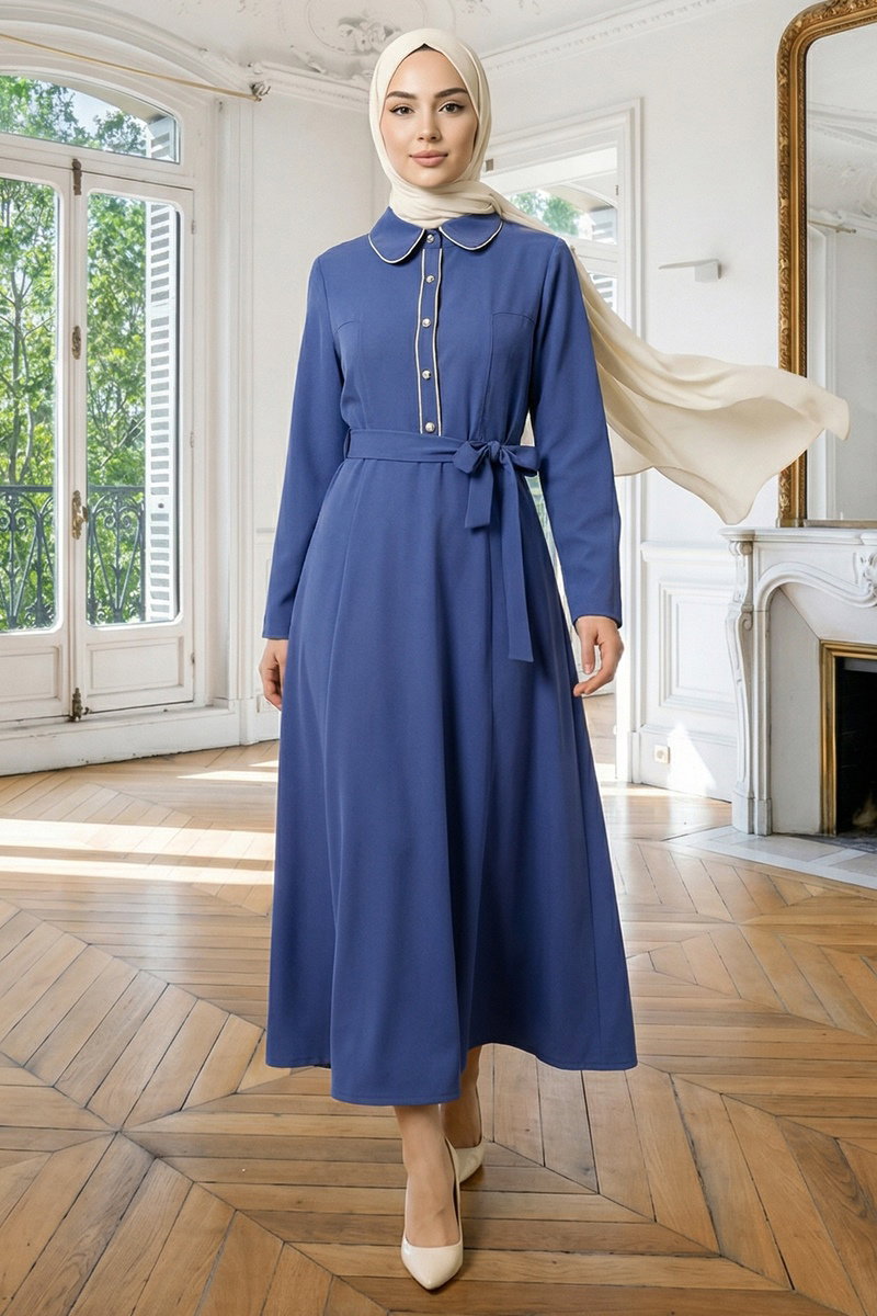 Bebe Yaka Düğmeli Elbise 9221PL940-M İndigo