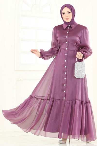 A.B. - Beli Bağcıklı Abiye Elbise 8038AB368-MS Koyu Lila - 366236