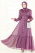 Beli Bağcıklı Abiye Elbise 8038AB368-MS Koyu Lila - Thumbnail