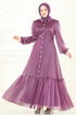 Beli Bağcıklı Abiye Elbise 8038AB368-MS Koyu Lila - Thumbnail