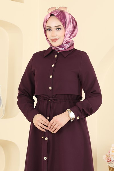 B.L.U. - Beli Bağcıklı Dabıl Elbise 3327BLU797-MS Mürdüm - 425322