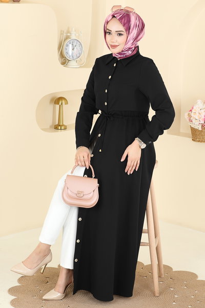 B.L.U. - Beli Bağcıklı Dabıl Elbise 3327BLU797-MS Siyah - 425336