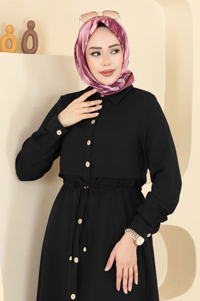 B.L.U. - Beli Bağcıklı Dabıl Elbise 3327BLU797-MS Siyah - 425338