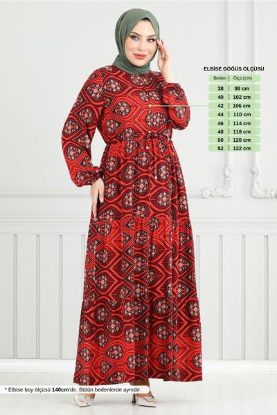 MRV B.G.S. - Beli Bağcıklı Desenli Elbise 1137BGS895-M Kiremit - 353116