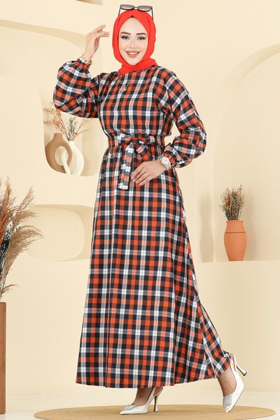 P.R.M. - Beli Bağcıklı Ekose Elbise 4124PM271-MS Oranj - 398897