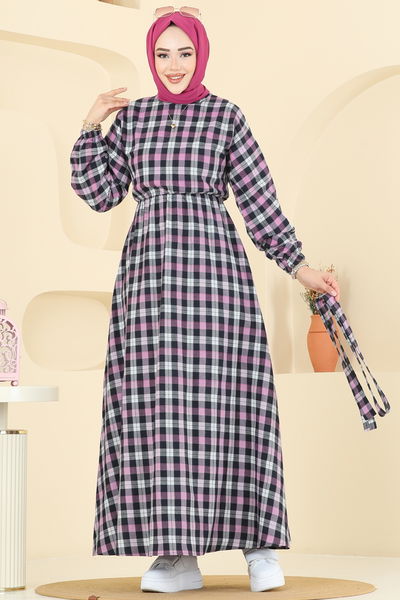 P.R.M. - Beli Bağcıklı Ekose Elbise 4124PM271-MS Pembe - 398836