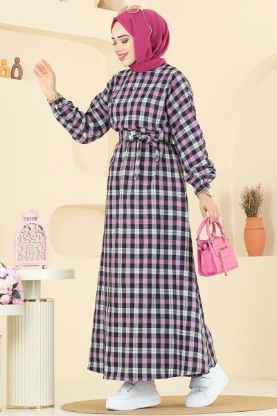 P.R.M. - Beli Bağcıklı Ekose Elbise 4124PM271-MS Pembe