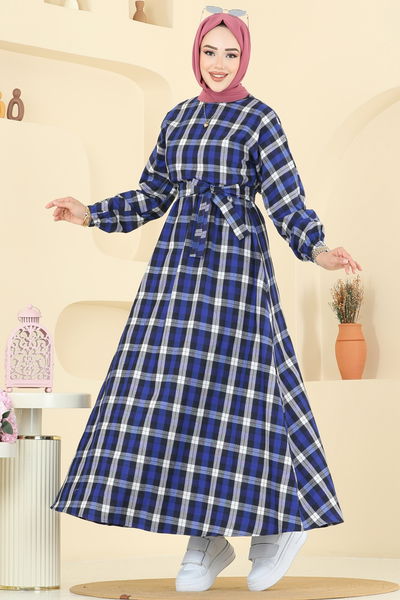 P.R.M. - Beli Bağcıklı Ekose Elbise 4124PM271-MS Saks - 398807