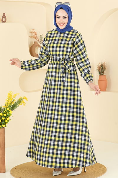 P.R.M. - Beli Bağcıklı Ekose Elbise 4124PM271-MS Sarı - 398876