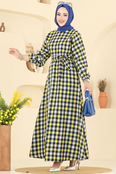 P.R.M. - Beli Bağcıklı Ekose Elbise 4124PM271-MS Sarı - 398877