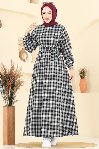 P.R.M. - Beli Bağcıklı Ekose Elbise 4124PM271-MS Siyah - 398816