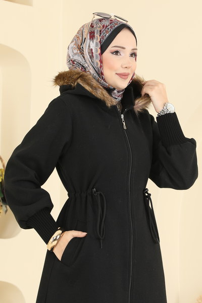 B.İ.S.S.K. - Beli Bağcıklı Kaşe Kaban 6265BSK463-MS Siyah - 421883